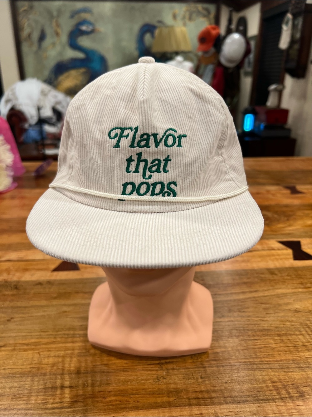 Flavor That Pops Embroidered Corduroy Cap - Cream with Green Text